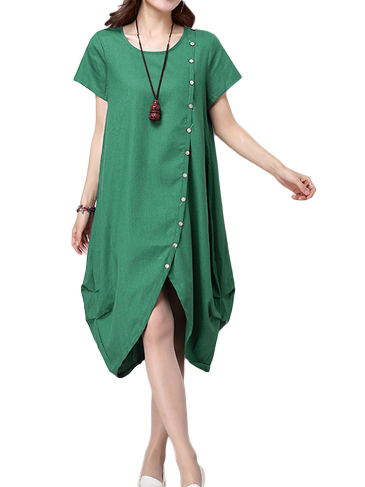 Casual-Button-Pleats-Asymmetrical-Hem-Women-Linen-Dress-1051170