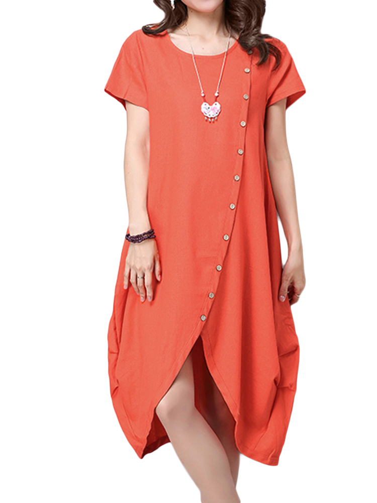 Casual-Button-Pleats-Asymmetrical-Hem-Women-Linen-Dress-1051170