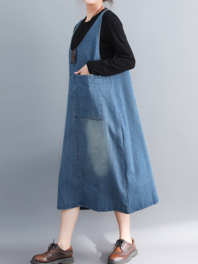 Casual-Denim-Sleeveless-V-Neck-Pocket-Loose-Dress-For-Women-1360202