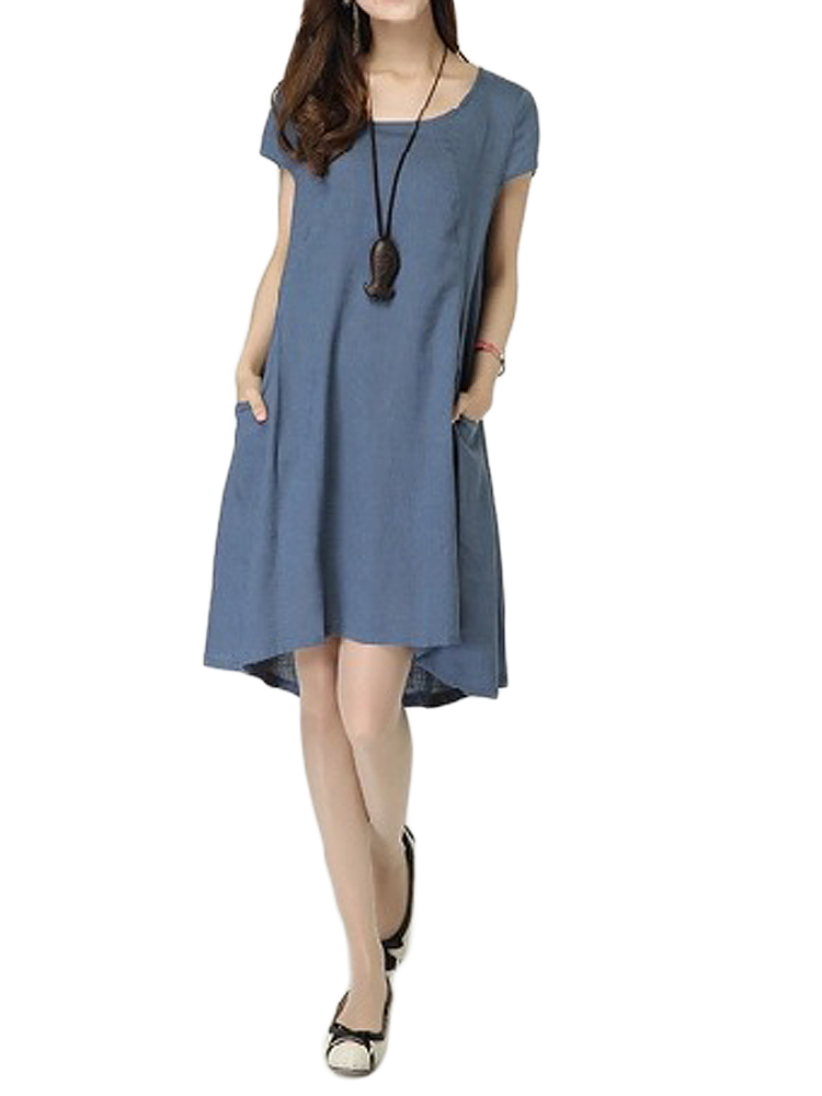 Casual-Slim-Pocket-Solid-Color-Linen-Cotton-Dress-For-Women-1043073