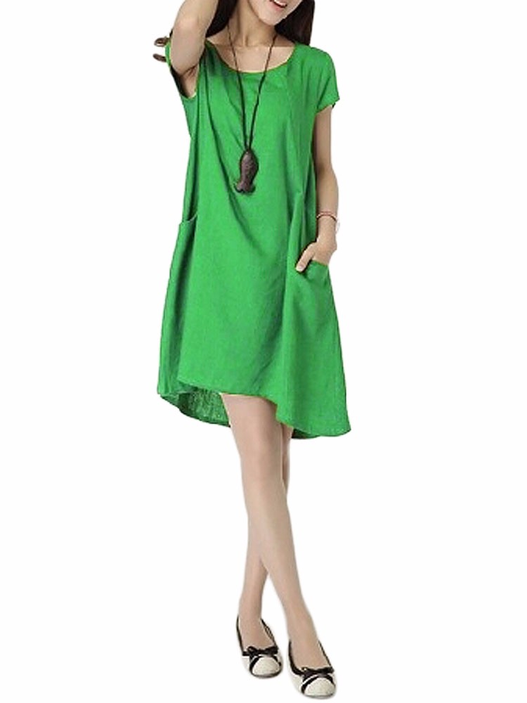 Casual-Slim-Pocket-Solid-Color-Linen-Cotton-Dress-For-Women-1043073
