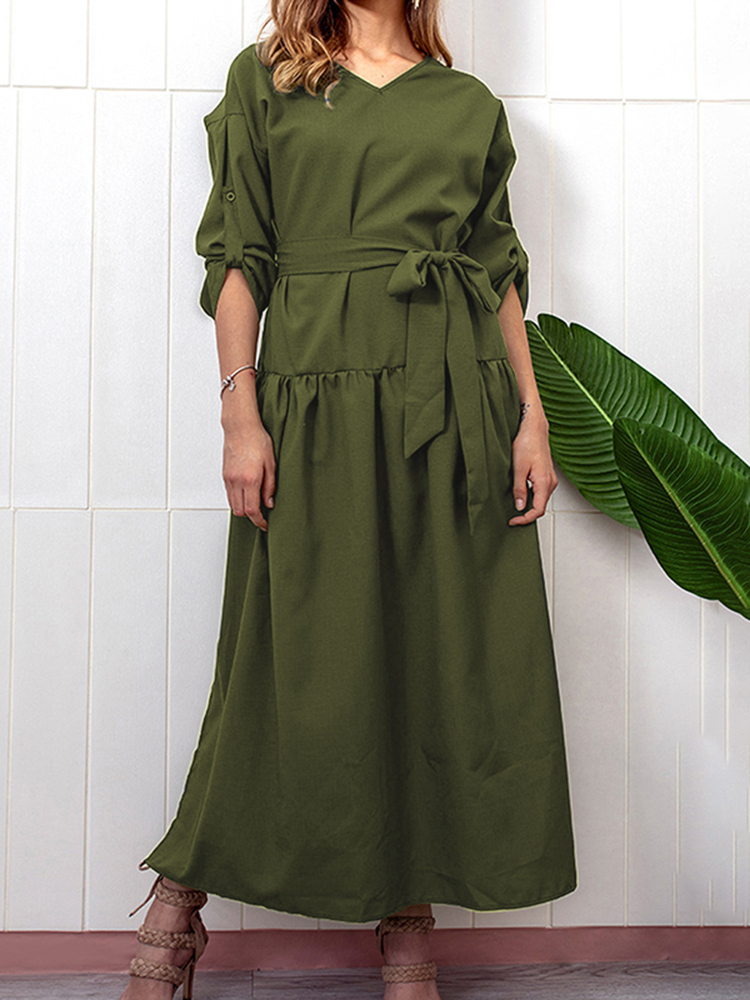 Casual-V-neck-Adjustable-Long-Sleeve-Side-Slit-Pleated-Dress-1464433