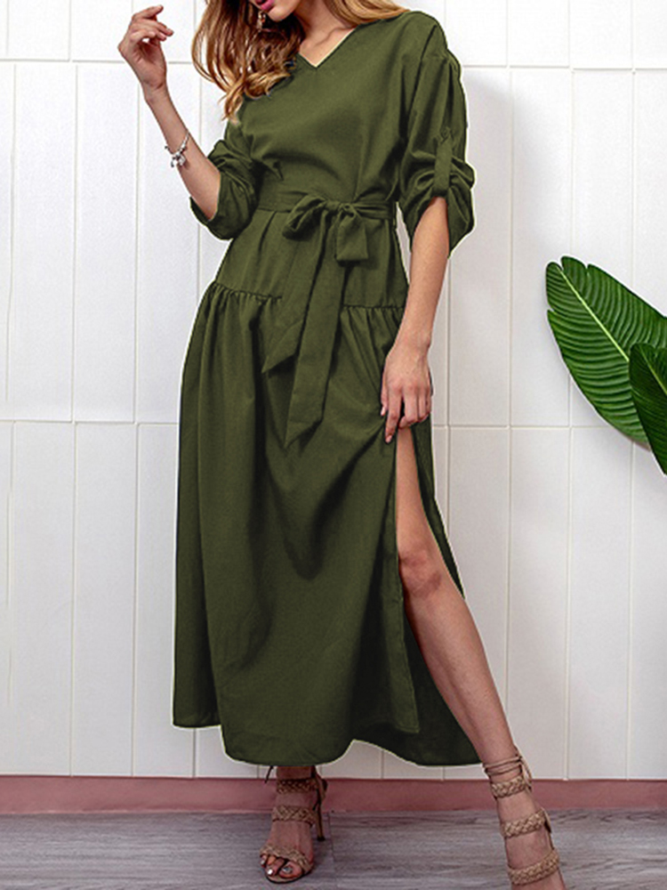 Casual-V-neck-Adjustable-Long-Sleeve-Side-Slit-Pleated-Dress-1464433