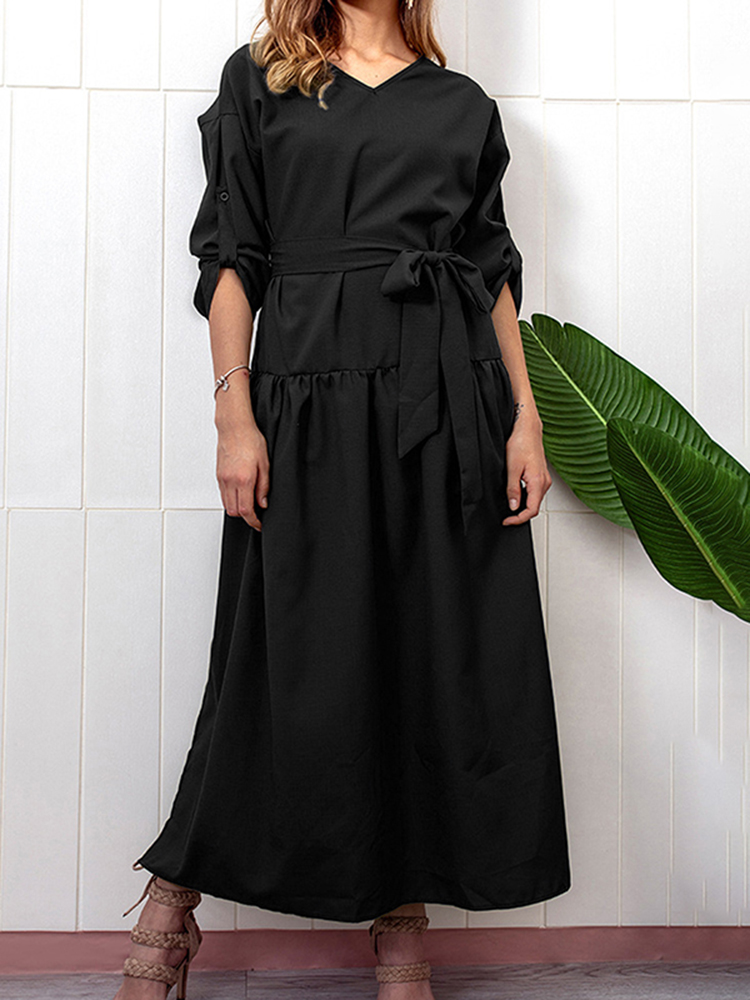 Casual-V-neck-Adjustable-Long-Sleeve-Side-Slit-Pleated-Dress-1464433