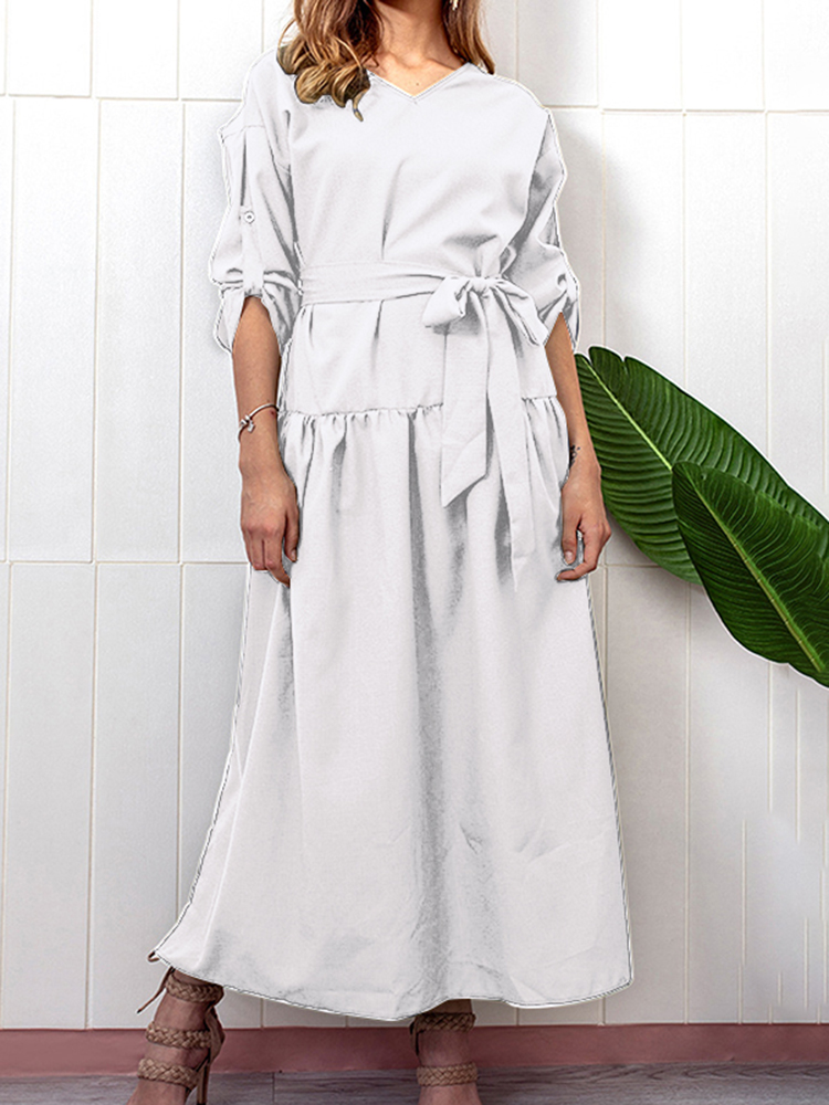 Casual-V-neck-Adjustable-Long-Sleeve-Side-Slit-Pleated-Dress-1464433