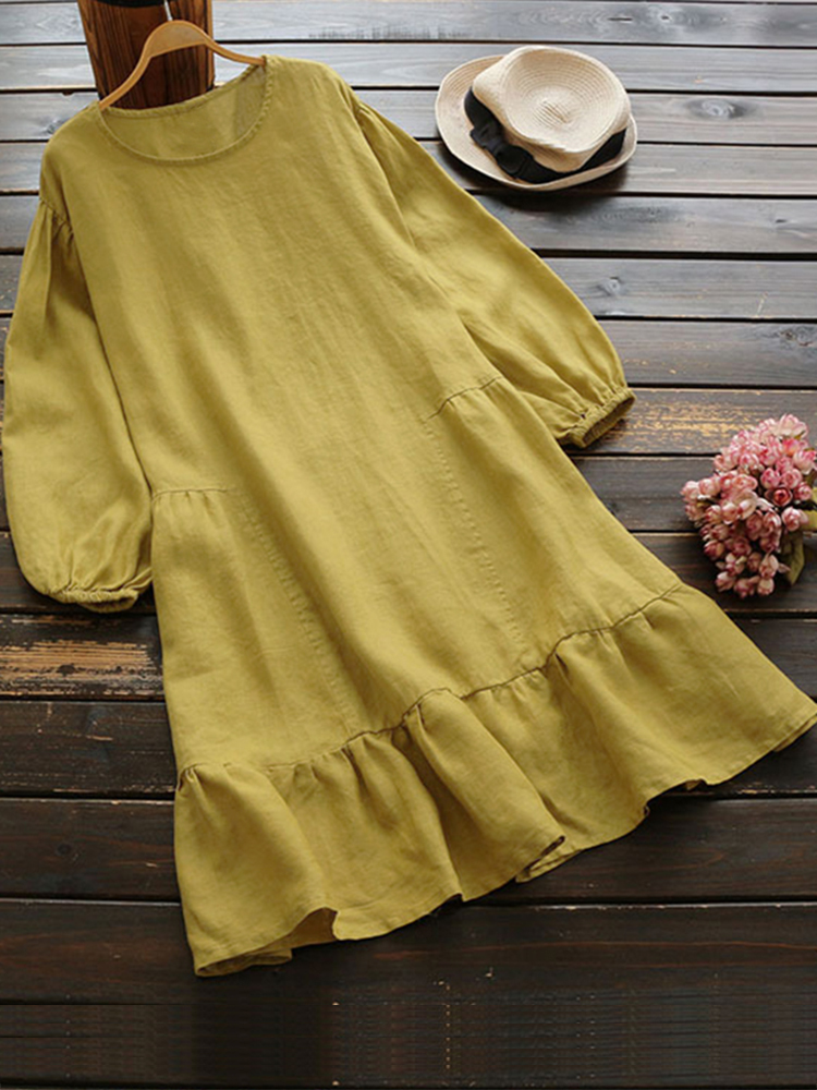 Casual-Women-Cotton-Solid-Color-Long-Sleeve-Round-Neck-Side-Pockets-Dress-1379426