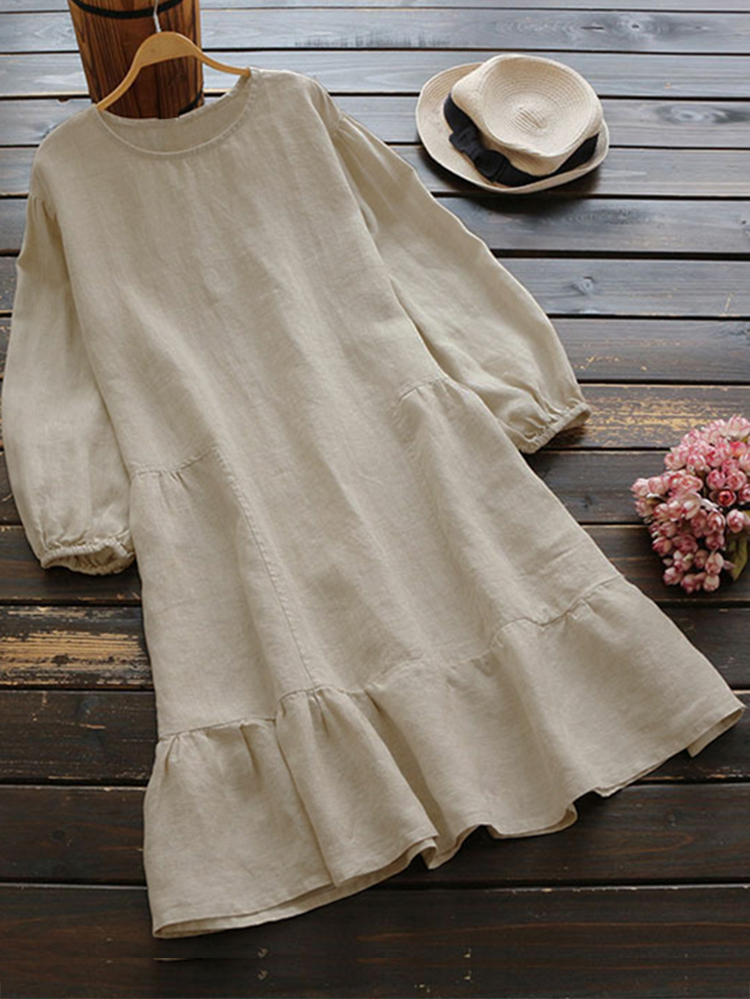 Casual-Women-Cotton-Solid-Color-Long-Sleeve-Round-Neck-Side-Pockets-Dress-1379426