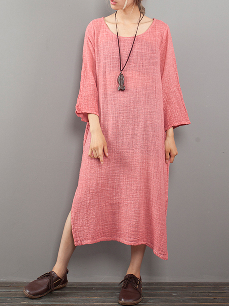 M-5XL-Casual-Women-Pure-Color-Loose-Dress-1277131