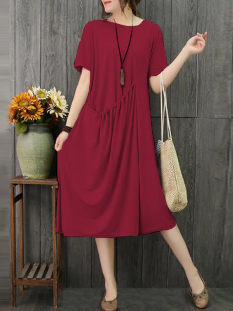 Plus-Size-Casual-Short-Sleeve-Solid-Color-Pleated-Dress-for-Women-1371295