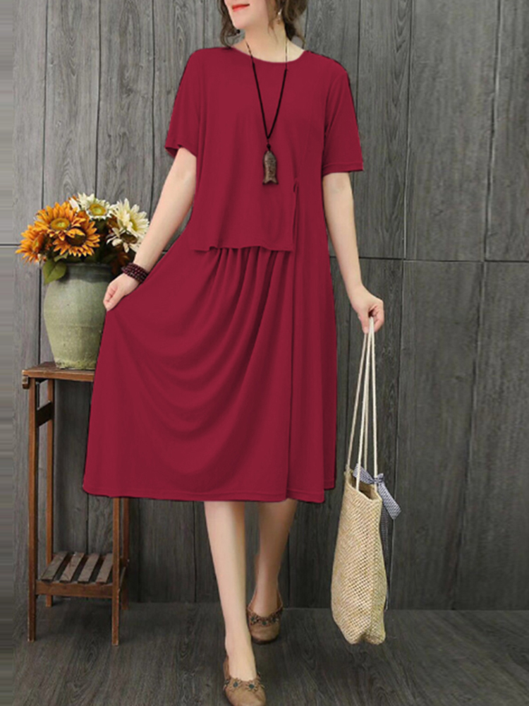Plus-Size-Casual-Short-Sleeve-Solid-Color-Pleated-Dress-for-Women-1371295