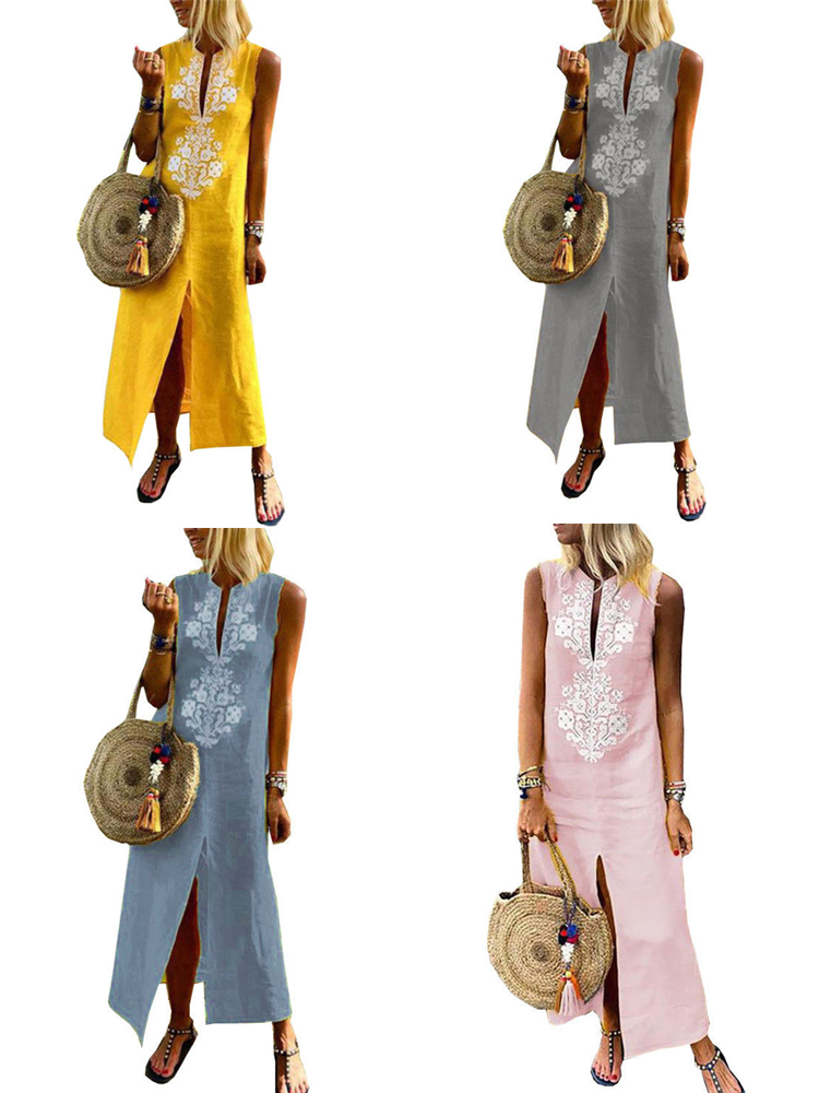 Plus-Size-Vintage-Print-V-neck-Sleeveless-Split-Hem-Dress-For-Women-1364172