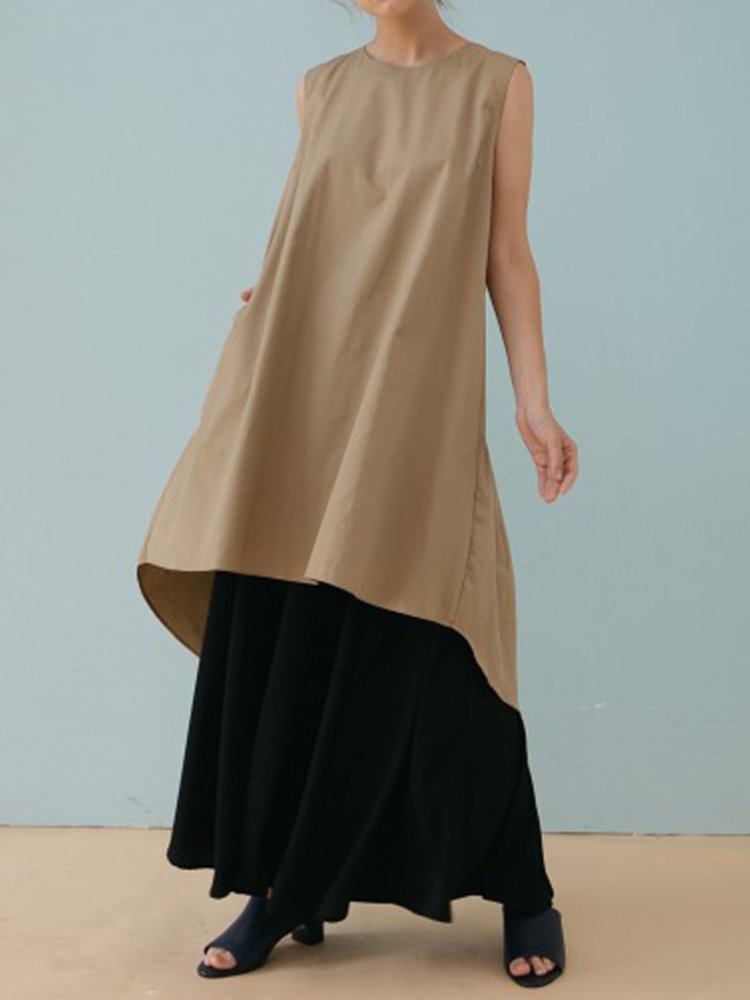 Women-Casual-Sleeveless-Solid-Color-Irregular-Hem-Dress-1413132