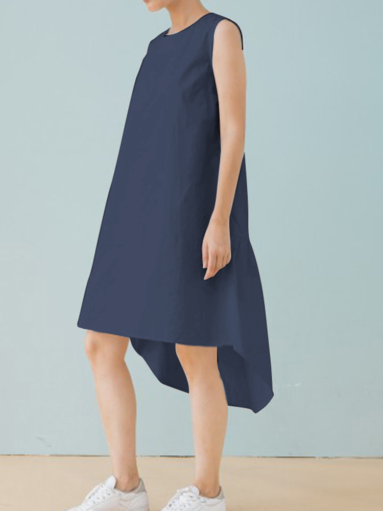 Women-Casual-Sleeveless-Solid-Color-Irregular-Hem-Dress-1413132