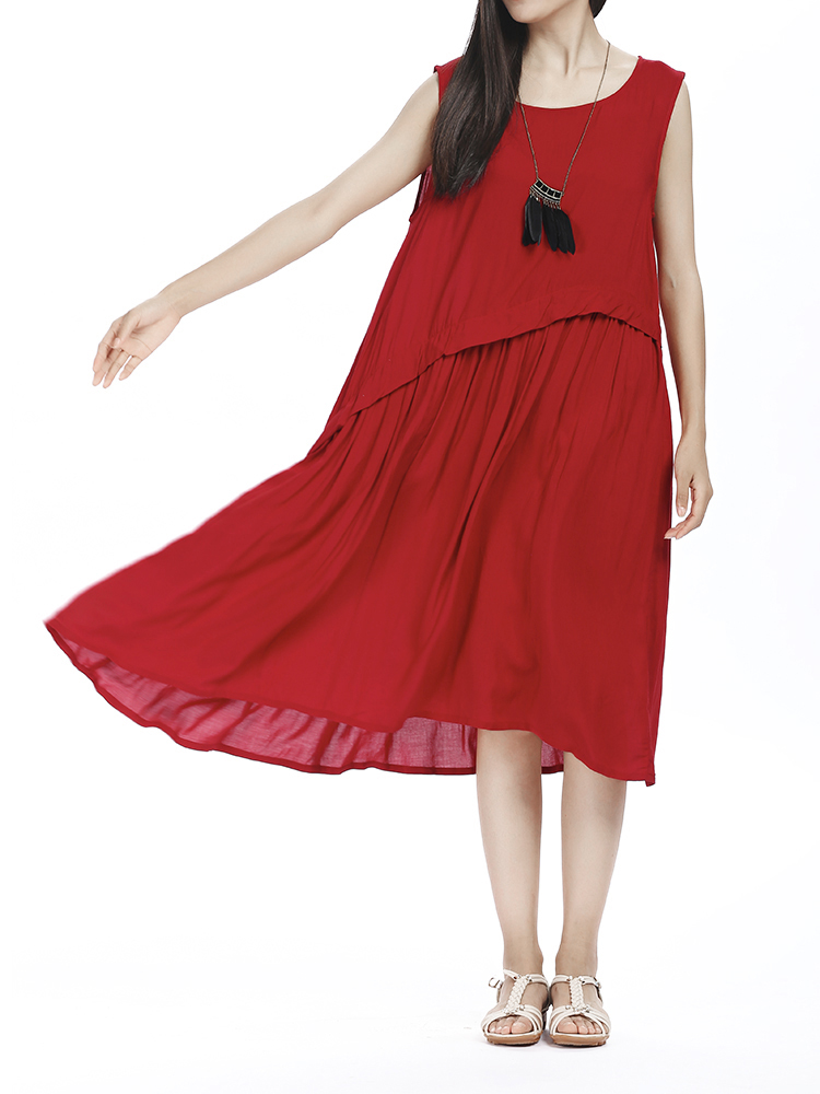 Casual-Women-Pure-Color-Pleated-Patchwork-A-line-Dress-1063952