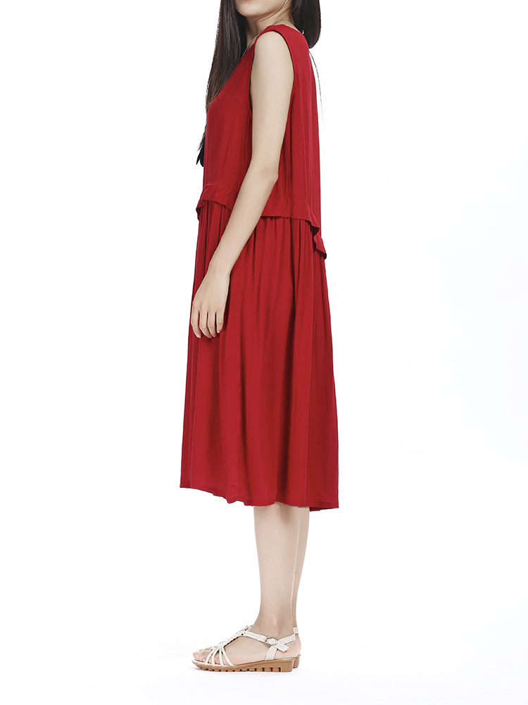 Casual-Women-Pure-Color-Pleated-Patchwork-A-line-Dress-1063952