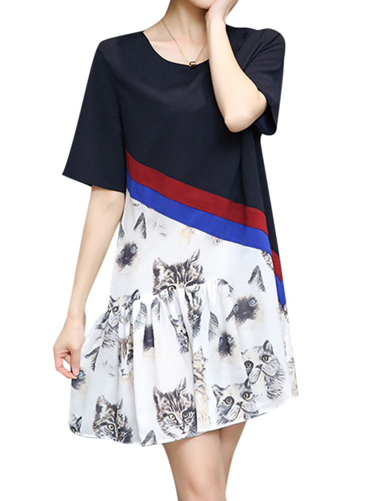 Plus-Size-Women-Casual-Dress-Cat-Printed-Short-Sleeve-Patchwork-Chiffon-Dresses-1167862