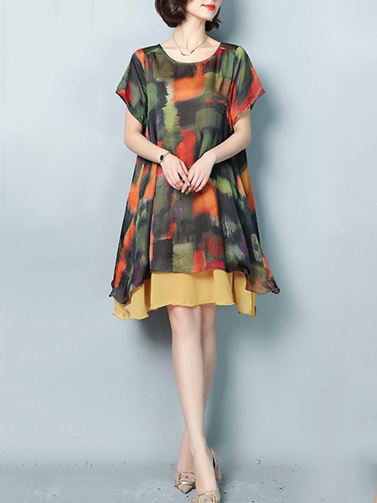 Plus-Size-Women-Print-Floral-Contrast-Chiffon-Short-Sleeve-Dress-1287326