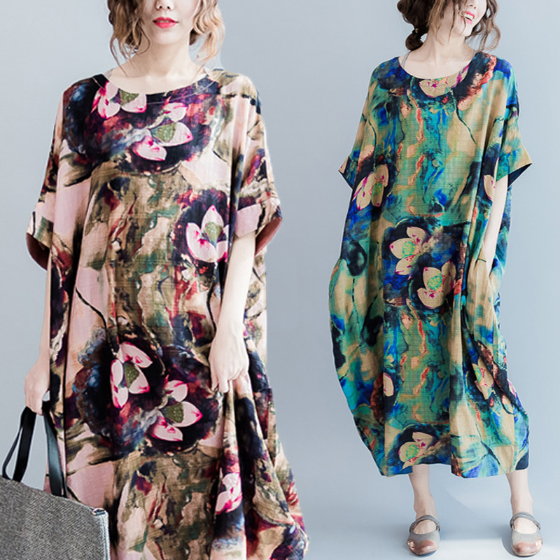 Casual-S-5XL-Women-Loose-Lotus-Printing-Dress-1141590