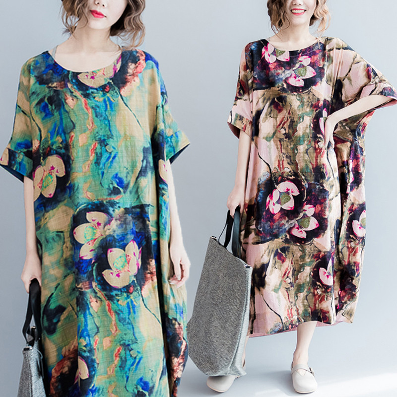 Casual-S-5XL-Women-Loose-Lotus-Printing-Dress-1141590