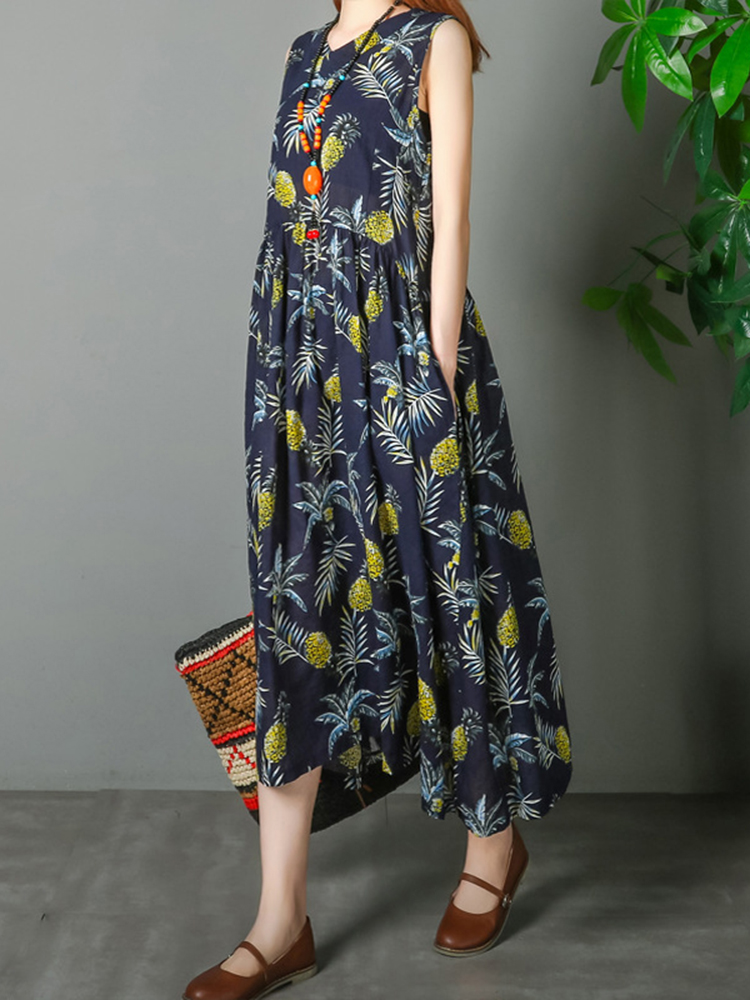 Cotton-Sleeveless-V-neck-Pineapple-Pattern-Beach-Dress-1297048