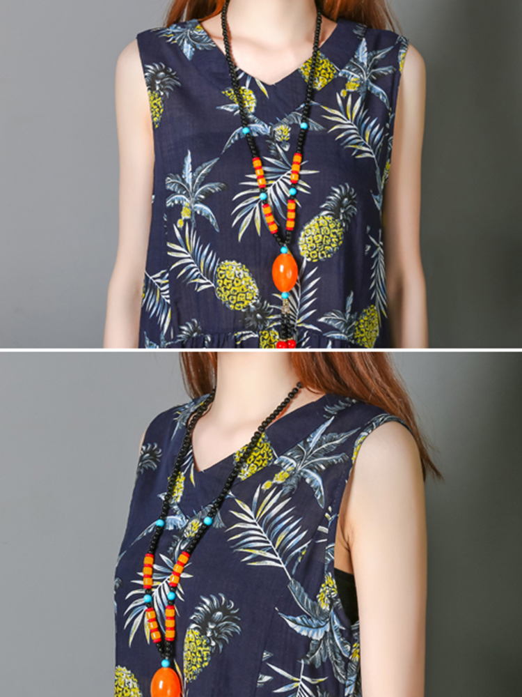 Cotton-Sleeveless-V-neck-Pineapple-Pattern-Beach-Dress-1297048