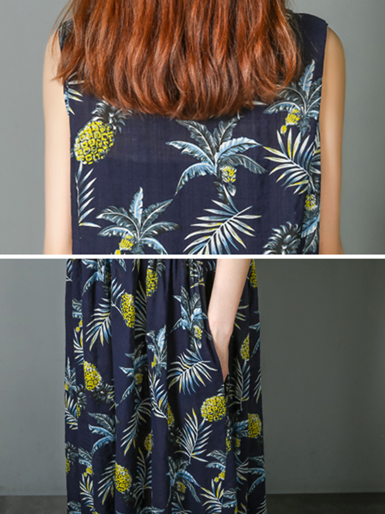 Cotton-Sleeveless-V-neck-Pineapple-Pattern-Beach-Dress-1297048