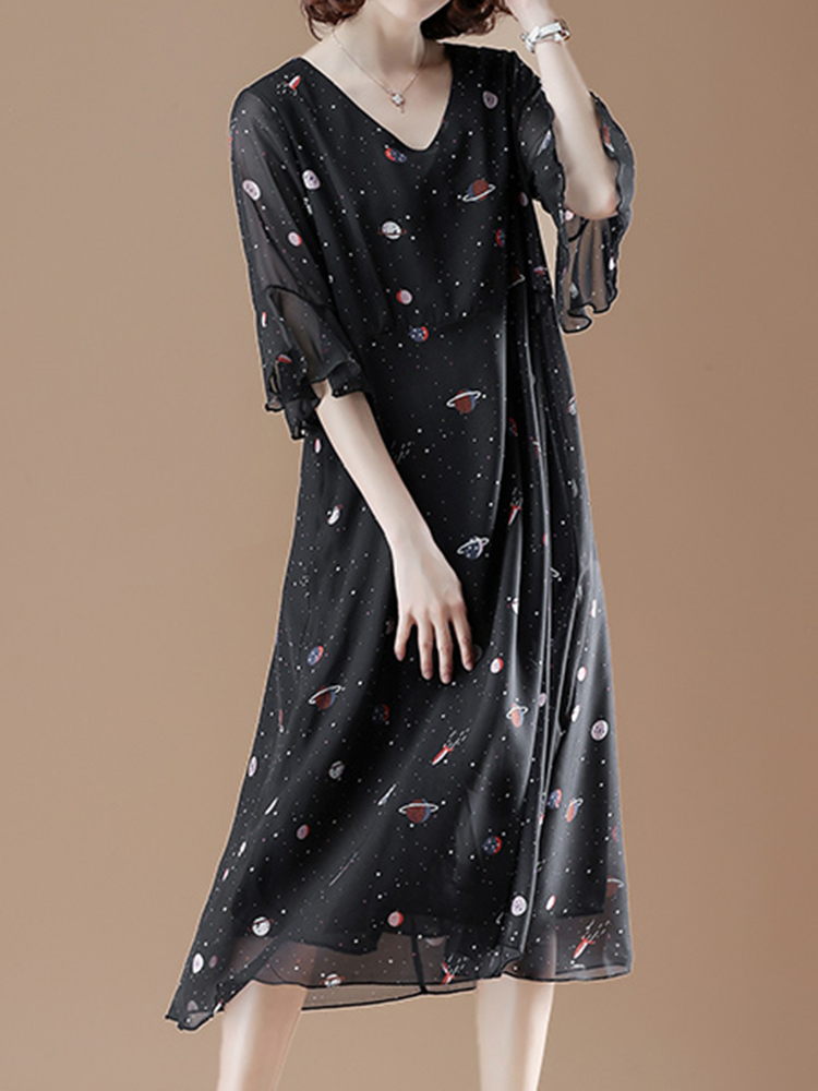 Cotton-V-neck-Flared-Sleeve-Star-Dress-1302277