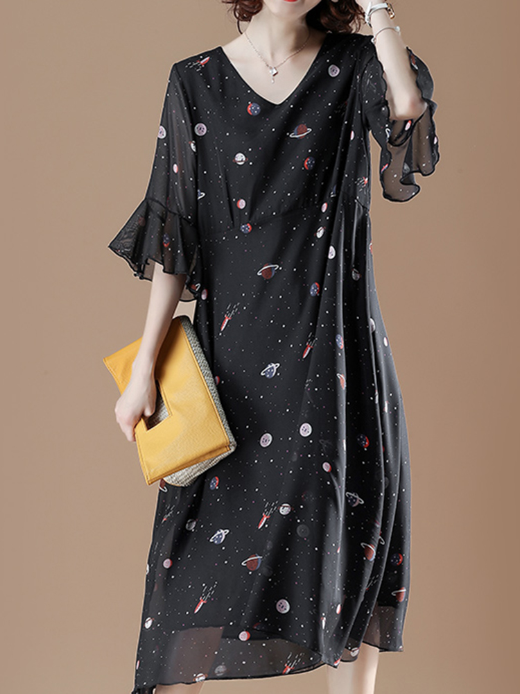 Cotton-V-neck-Flared-Sleeve-Star-Dress-1302277