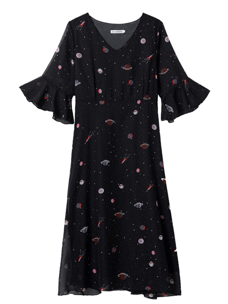 Cotton-V-neck-Flared-Sleeve-Star-Dress-1302277