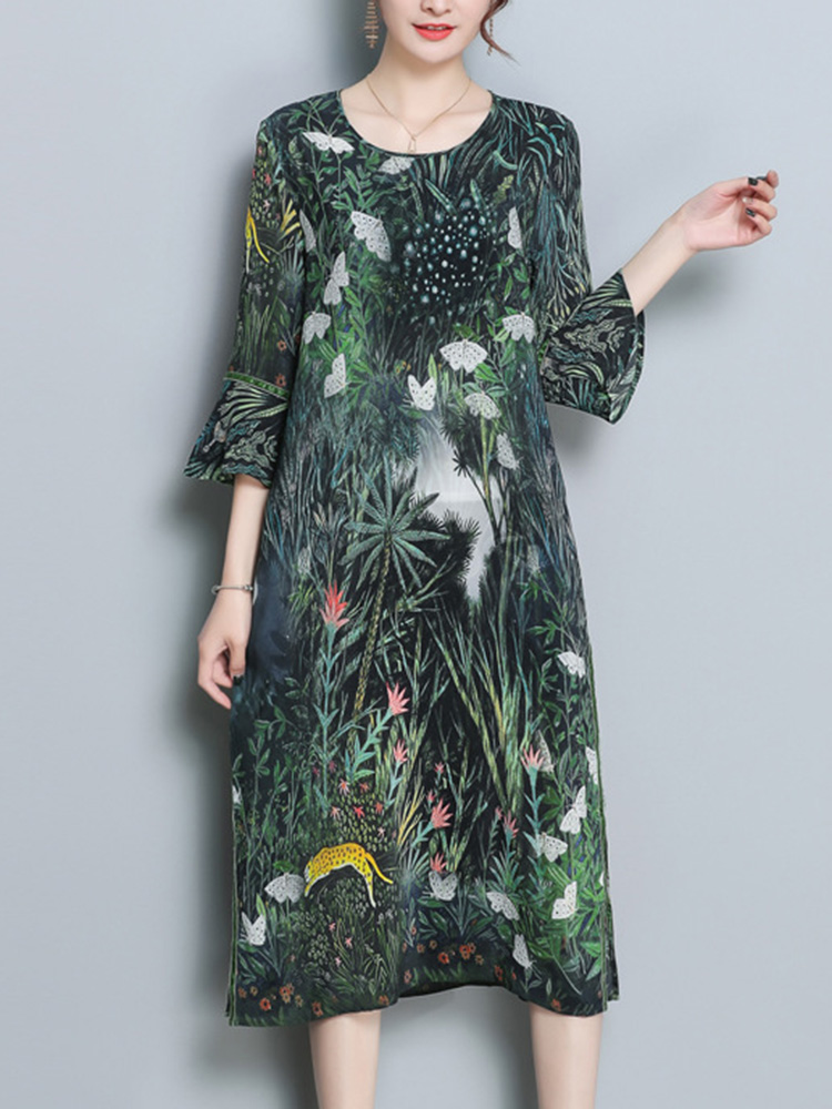 Floral-Print-Flared-Sleeve-Side-Slit-Dress-1300851