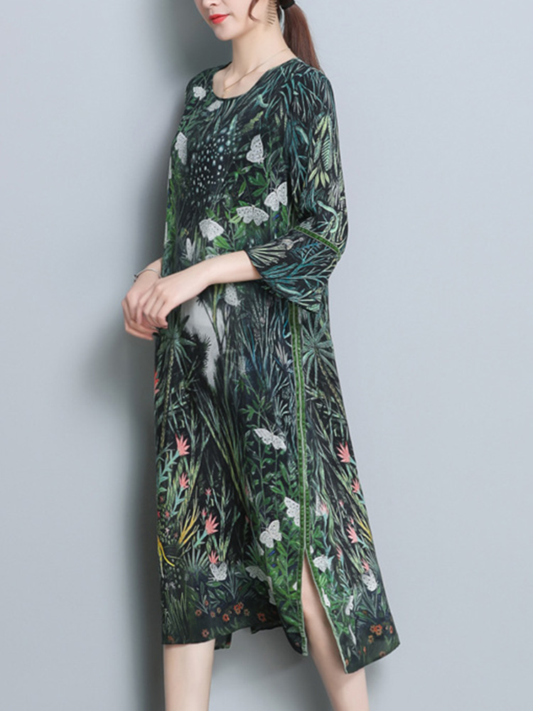Floral-Print-Flared-Sleeve-Side-Slit-Dress-1300851