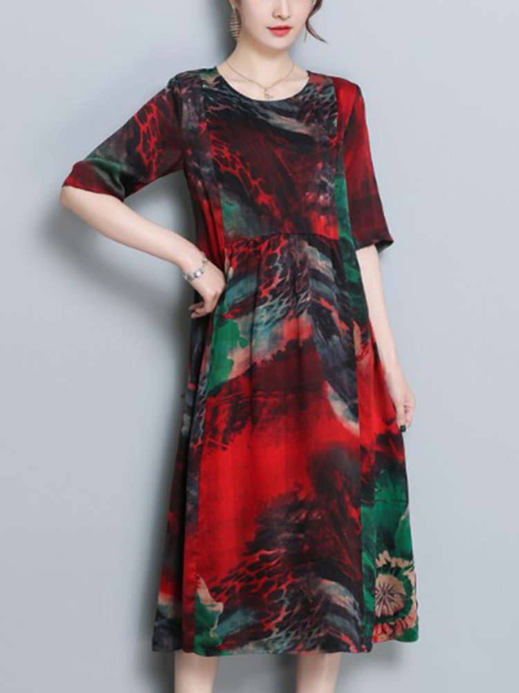 Floral-Print-O-neck-Half-Sleeve-Dress-1301070