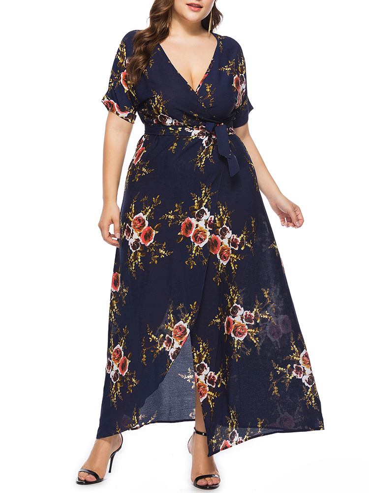 Plus-Size-Bohemian-Floral-Print-V-neck-Short-Sleeve-Dress-1411481