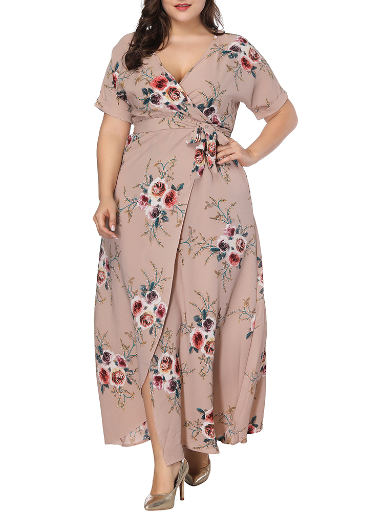 Plus-Size-Bohemian-Floral-Print-V-neck-Short-Sleeve-Dress-1411481
