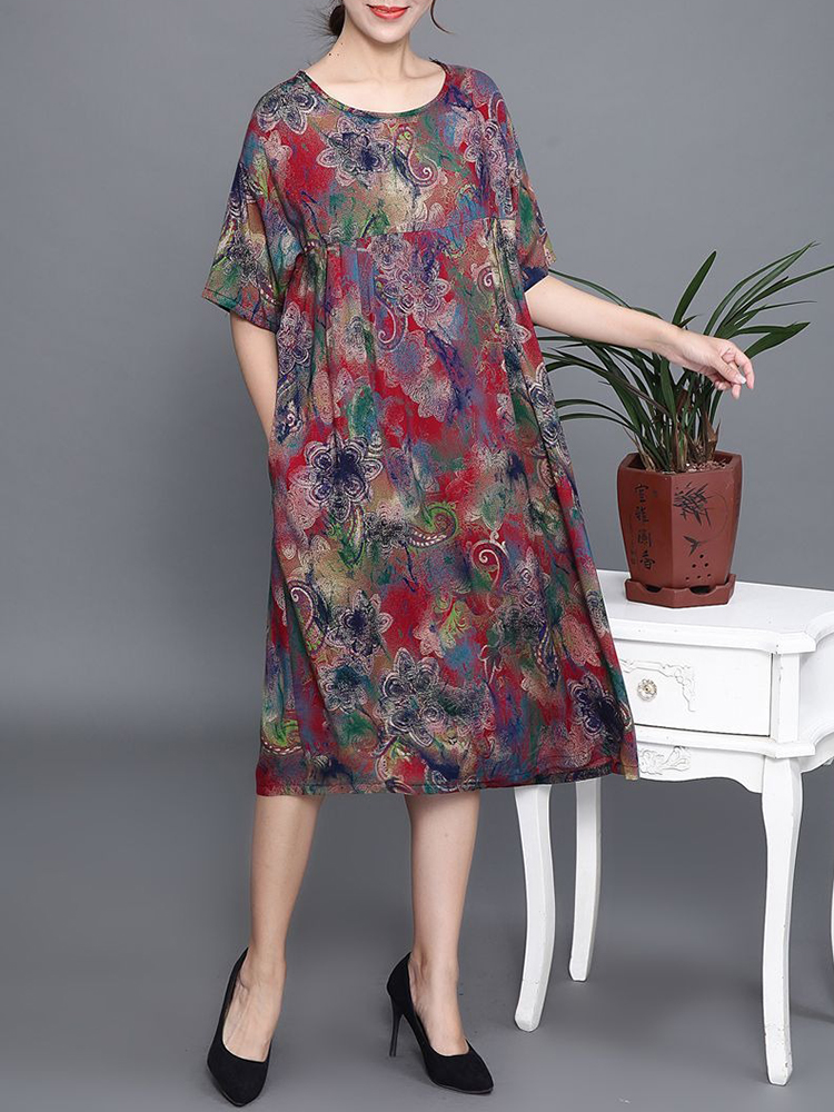 Plus-Size-Floral-Print-Short-Sleeve-Elegant-Dress-1417125
