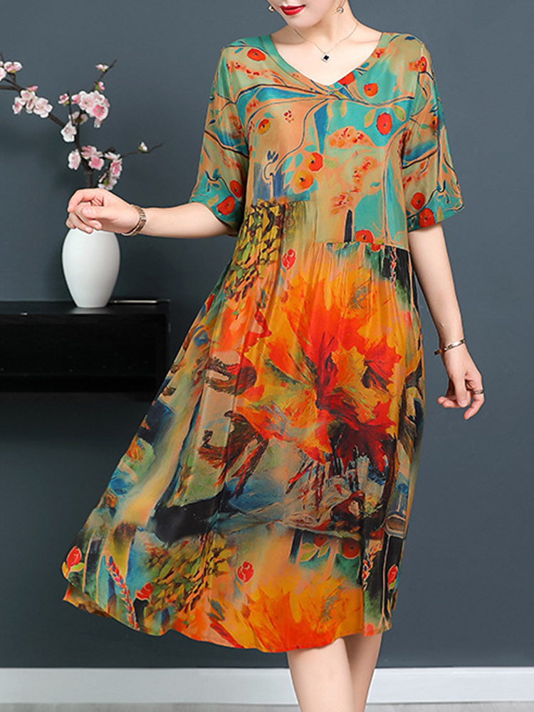 Plus-Size-Floral-Print-V-neck-Half-Sleeve-Elegant-Dress-1423581