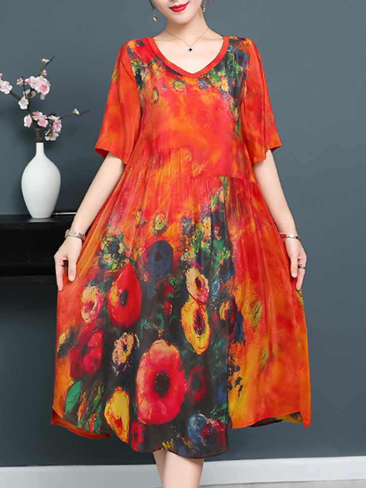 Plus-Size-Floral-Print-V-neck-Half-Sleeve-Elegant-Dress-1423581