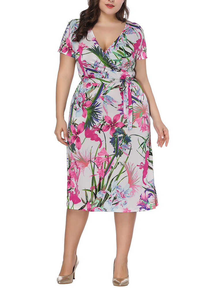Plus-Size-Floral-Print-V-neck-Short-Sleeve-Elegant-Dress-1412947