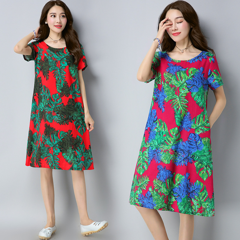 Vintage-Women-Floral-Printed-Dress-Short-Sleeve-Pockets-Cotton-Linen-Dresses-1180881