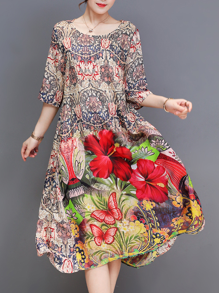 Women-Elegant-Floral-Print-Crew-Neck-Loose-Dress-1408384