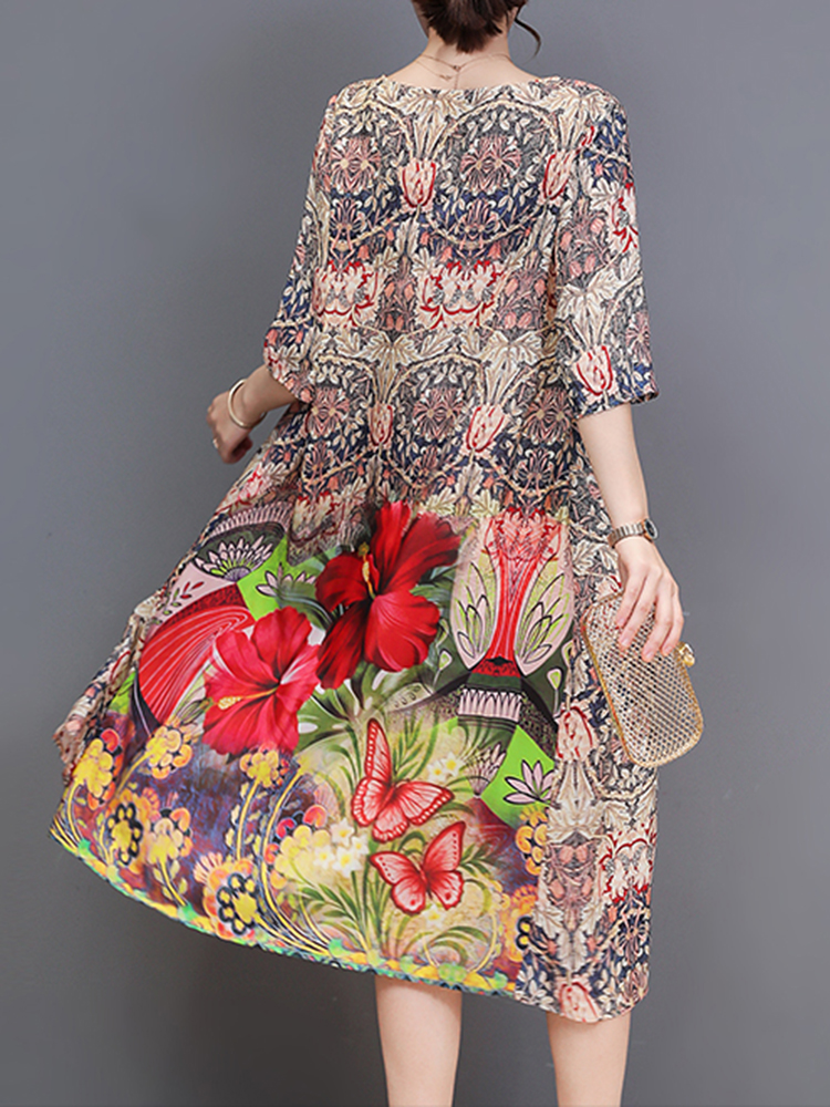 Women-Elegant-Floral-Print-Crew-Neck-Loose-Dress-1408384