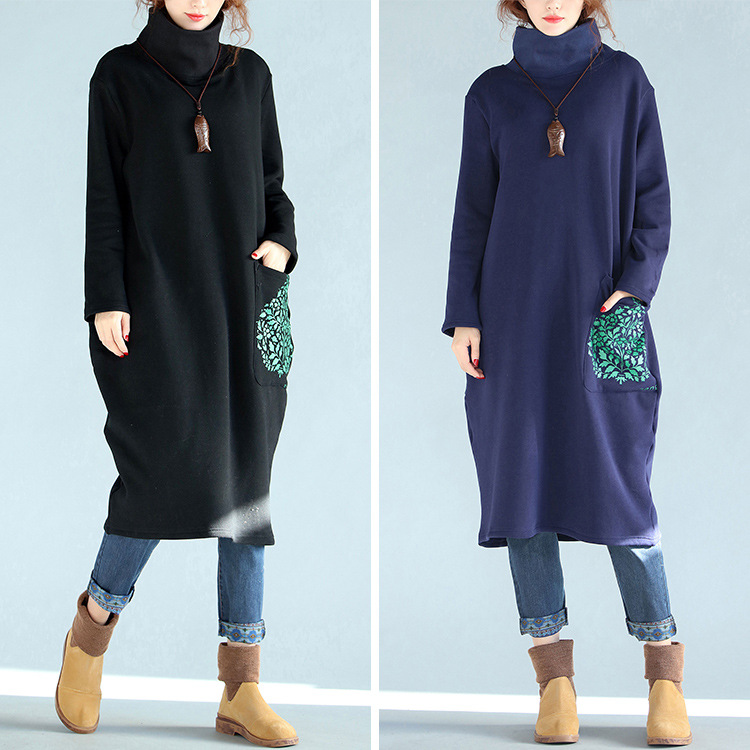 Casual-Women-Black-Printed-High-Collor-Sweatshirt-Dresses-1203759
