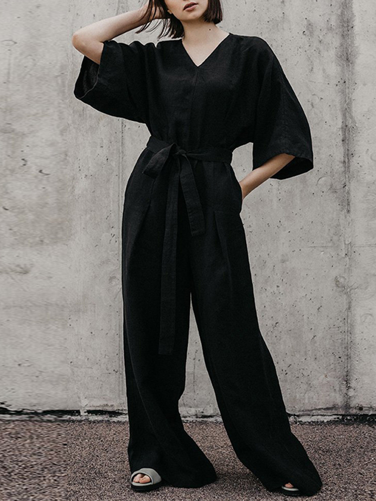 M-5XL-Brief-V-neck-34-Sleeve-Back-Button-Elastic-Waist-Black-Jumpsuit-1394814