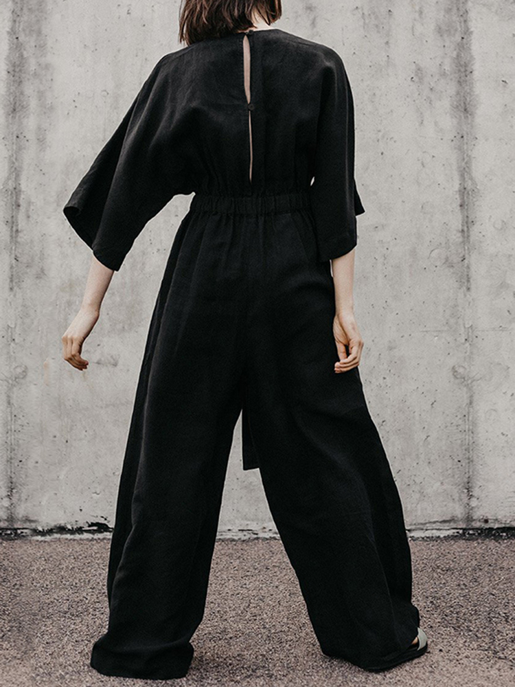 M-5XL-Brief-V-neck-34-Sleeve-Back-Button-Elastic-Waist-Black-Jumpsuit-1394814