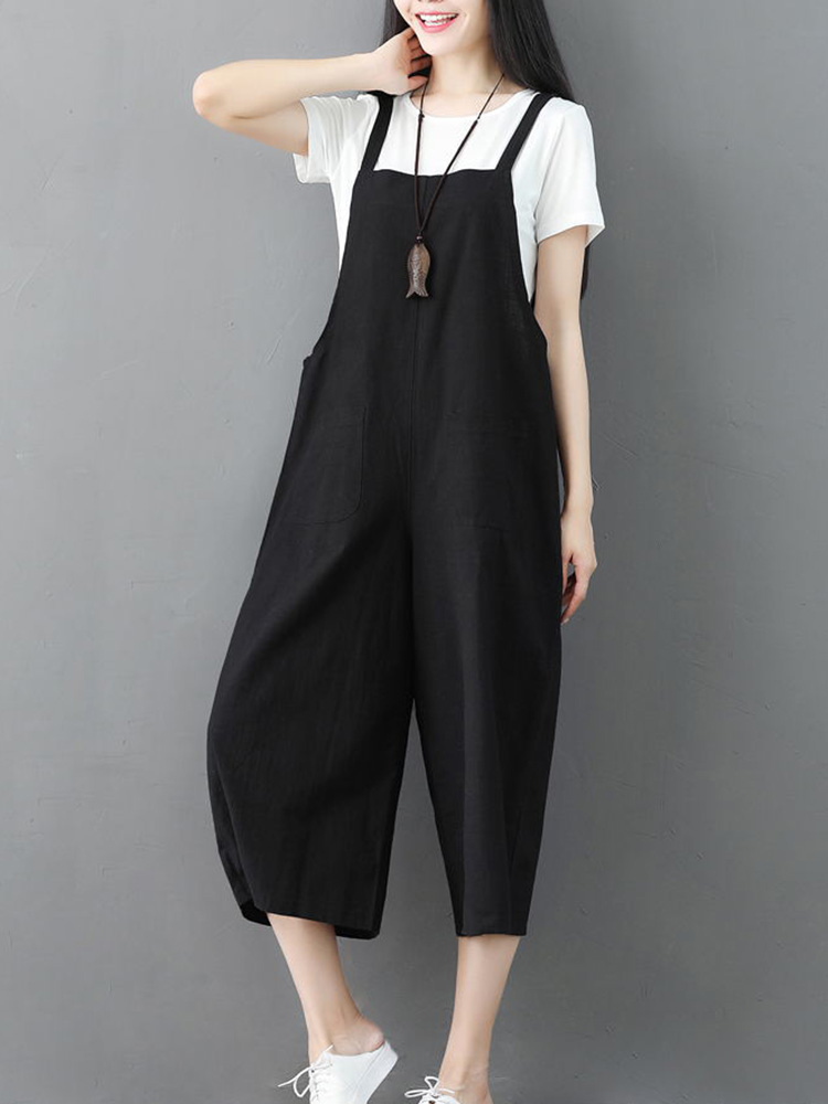 Plus-Size-Women-Cotton-Strap-Pocket-Wide-Leg-Jumpsuit-1298115