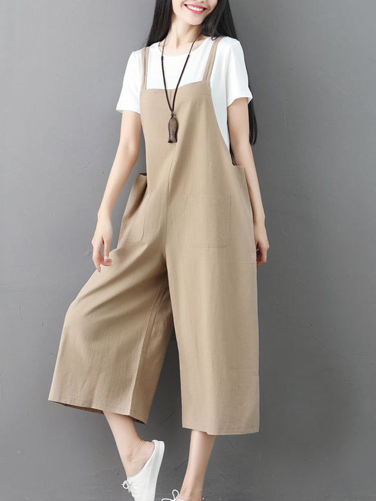 Plus-Size-Women-Cotton-Strap-Pocket-Wide-Leg-Jumpsuit-1298115