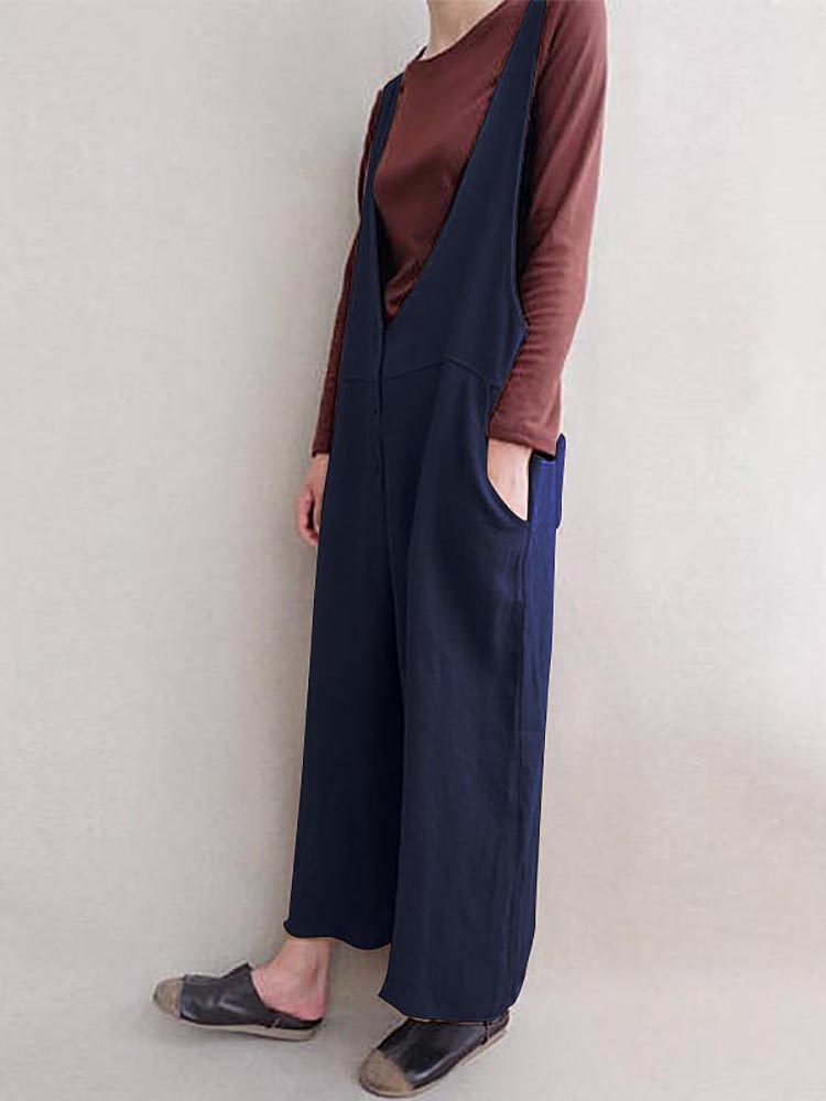 Women-Leisure-Cotton-Jumpsuits-Wide-Leg-Pants-Loose-with-Button-1278259