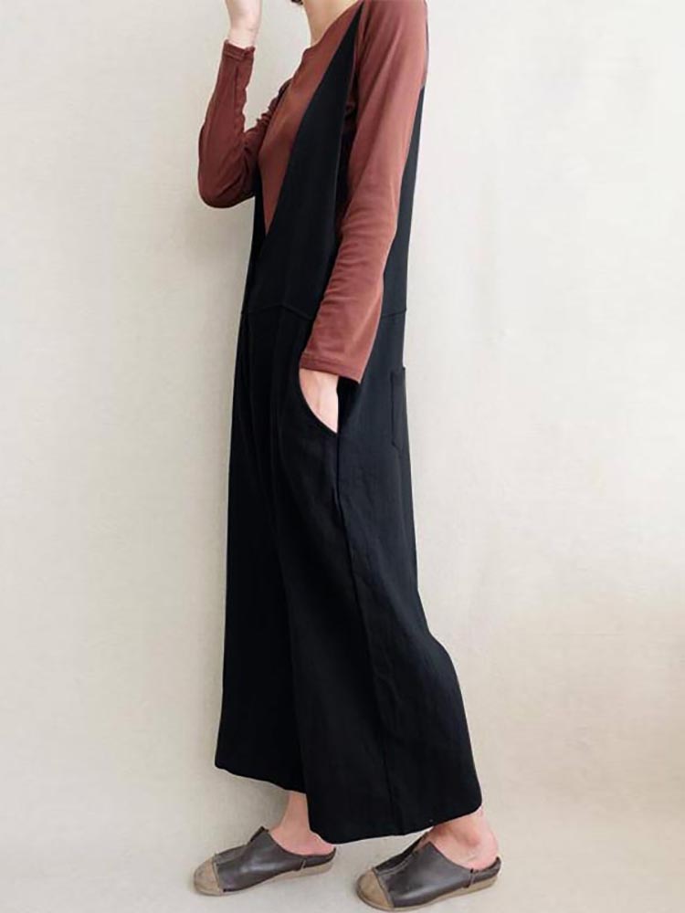 Women-Leisure-Cotton-Jumpsuits-Wide-Leg-Pants-Loose-with-Button-1278259