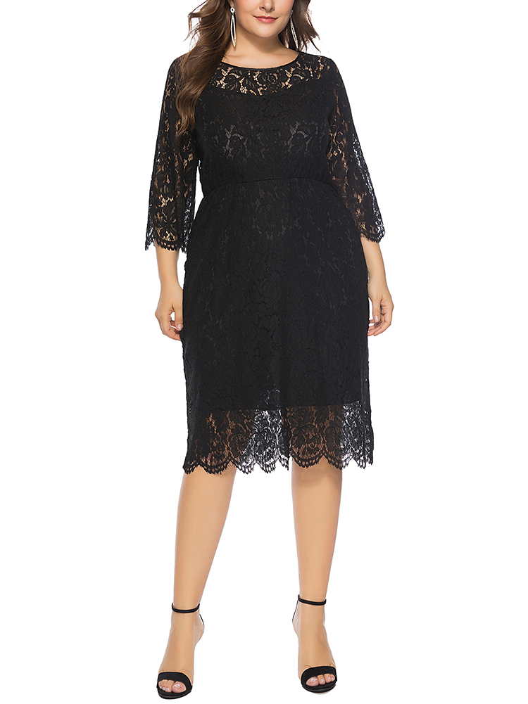 Plus-Size-Elegant-Lace-34-Sleeve-Party-Women-Dress-1411997