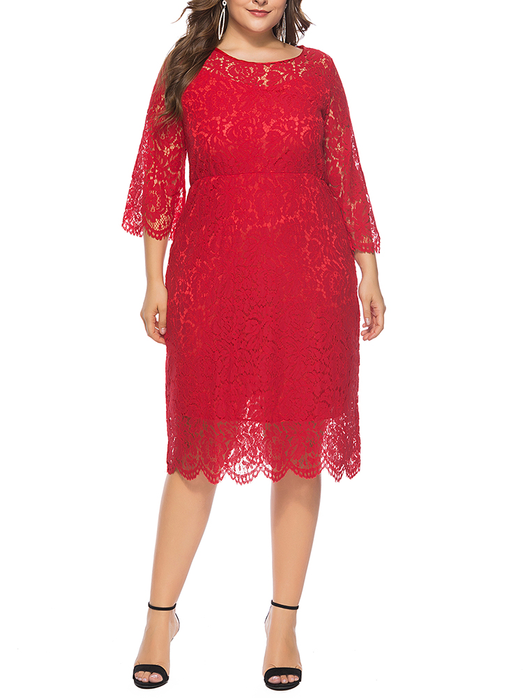 Plus-Size-Elegant-Lace-34-Sleeve-Party-Women-Dress-1411997